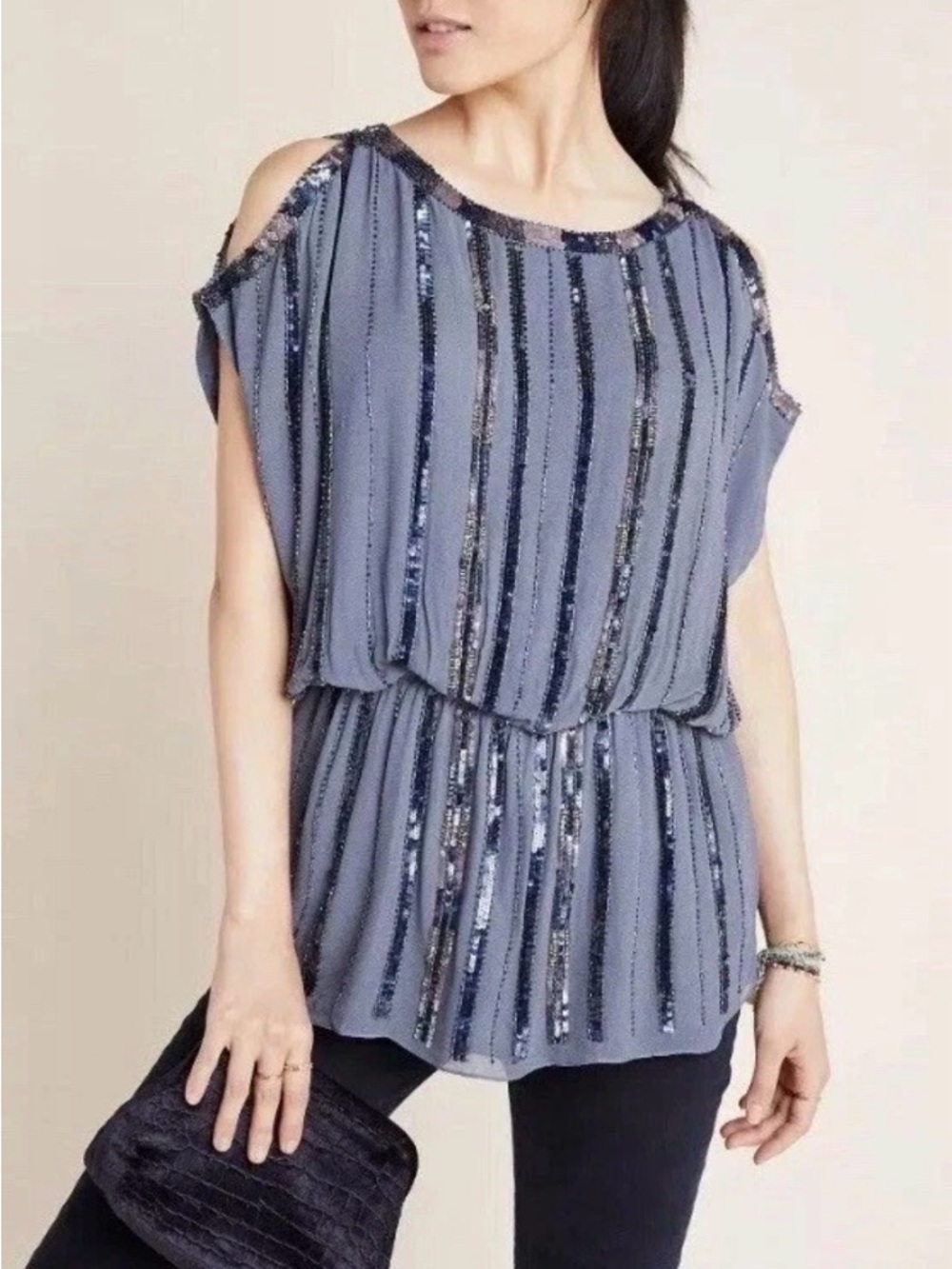 New Anthropologie Verb Pallavi Evanne Sequined Open Shoulder
Blouse Large